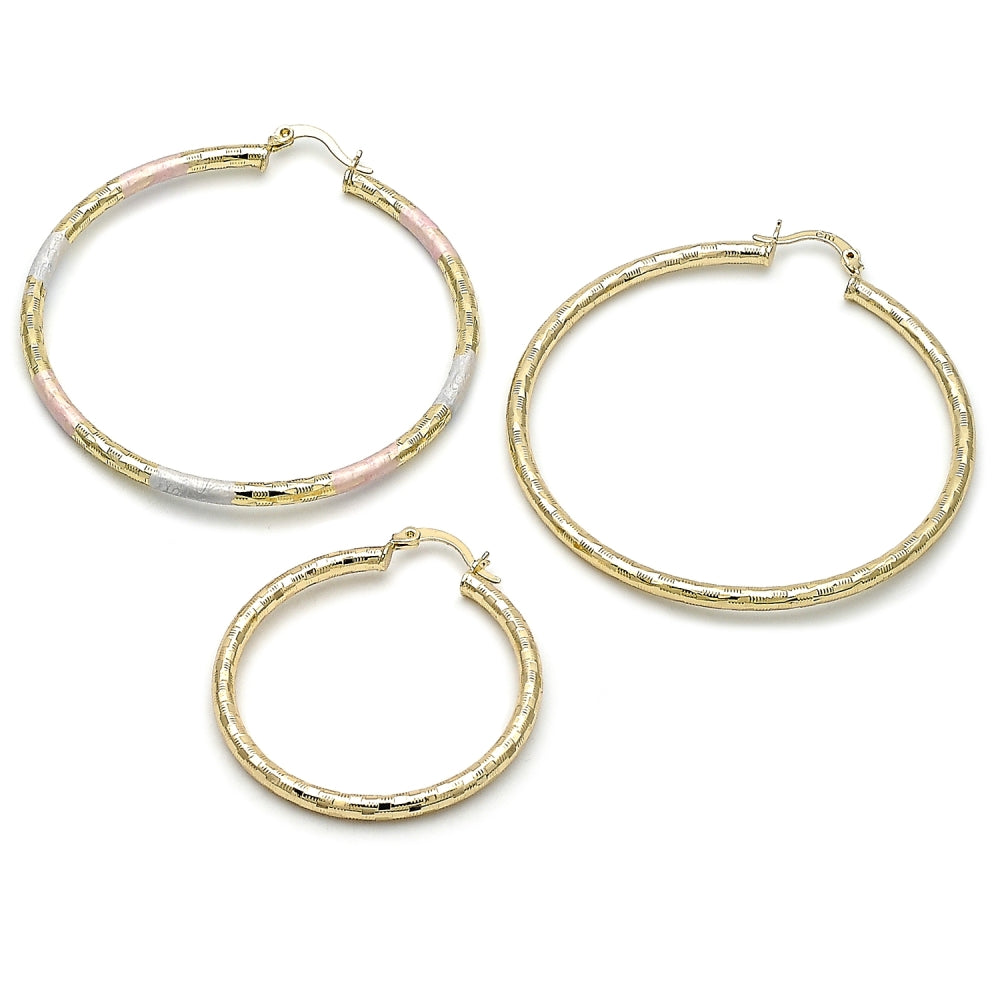 Oro Laminado Large Hoop, Gold Filled Style Hollow Design, Diamond Cutting Finish, Golden Finish