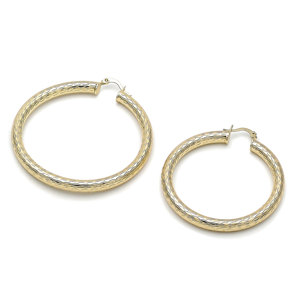 Oro Laminado Medium Hoop, Gold Filled Style Hollow Design, Diamond Cutting Finish, Golden Finish