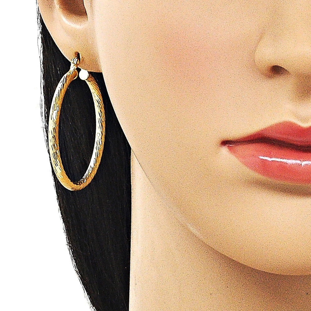 Oro Laminado Medium Hoop, Gold Filled Style Hollow Design, Diamond Cutting Finish, Golden Finish