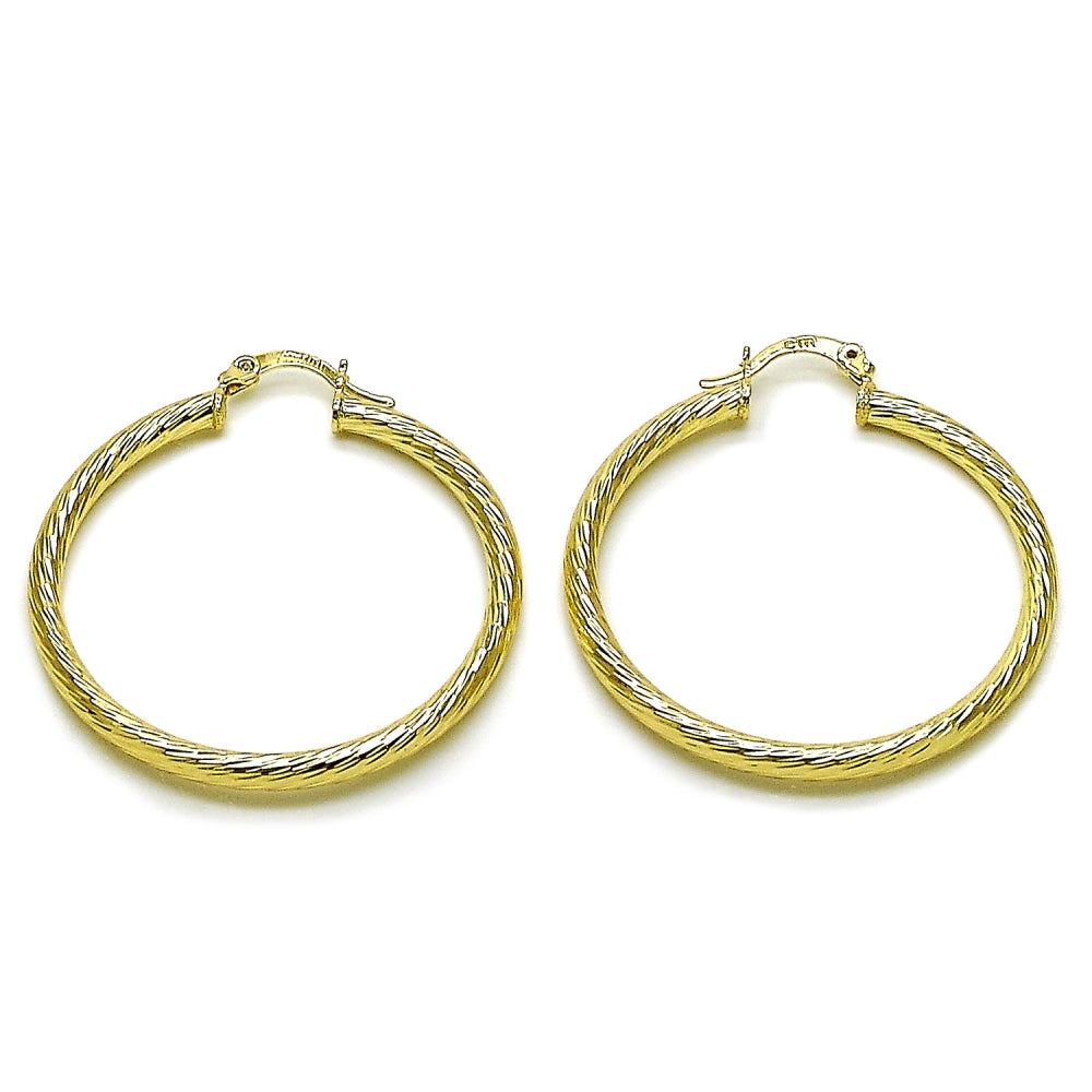 Oro Laminado Medium Hoop, Gold Filled Style Hollow Design, Diamond Cutting Finish, Golden Finish