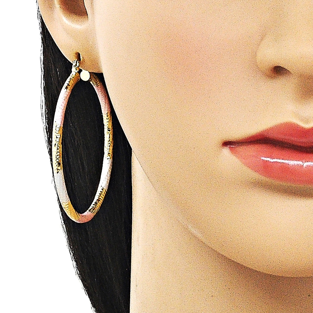 Oro Laminado Large Hoop, Gold Filled Style Hollow Design, Diamond Cutting Finish, Tricolor