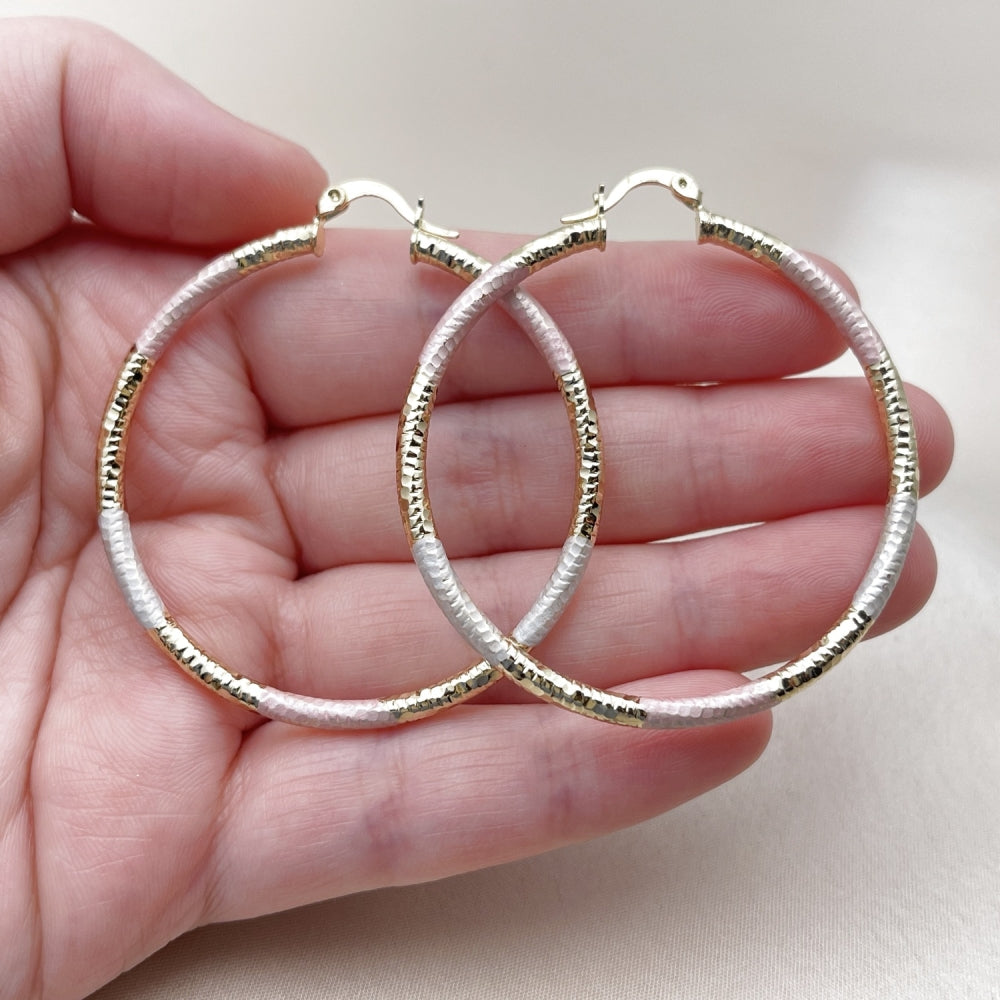 Oro Laminado Large Hoop, Gold Filled Style Hollow Design, Diamond Cutting Finish, Tricolor