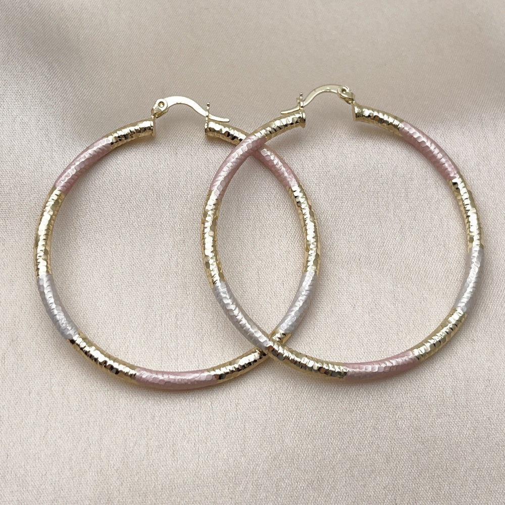 Oro Laminado Large Hoop, Gold Filled Style Hollow Design, Diamond Cutting Finish, Tricolor