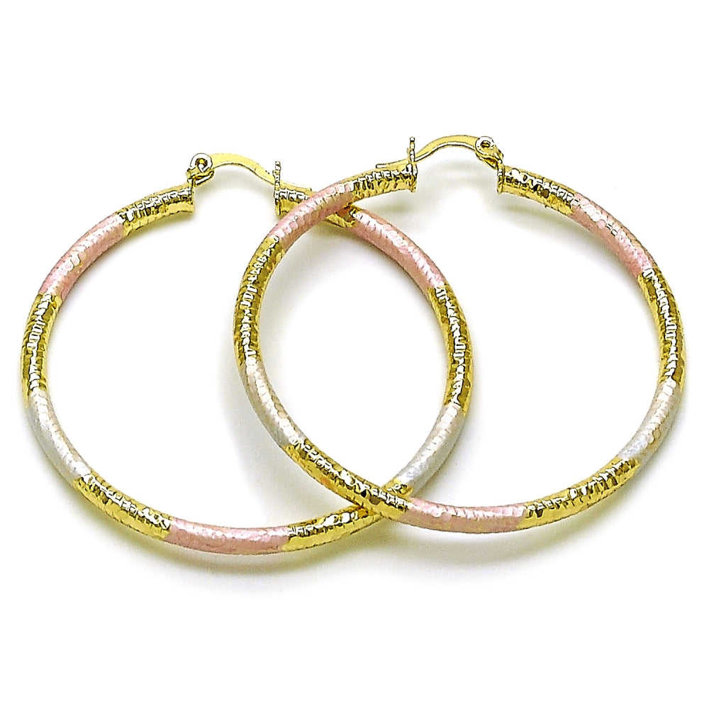 Oro Laminado Large Hoop, Gold Filled Style Hollow Design, Diamond Cutting Finish, Tricolor