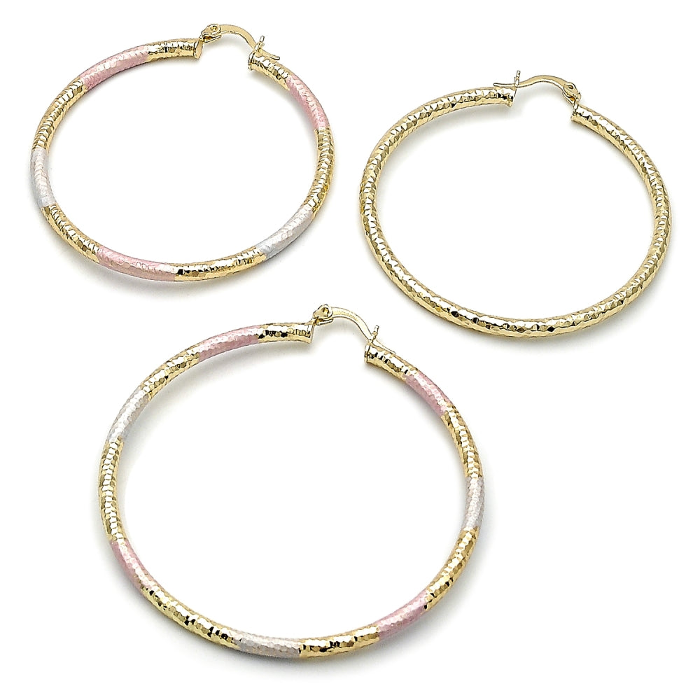 Oro Laminado Large Hoop, Gold Filled Style Hollow Design, Diamond Cutting Finish, Tricolor