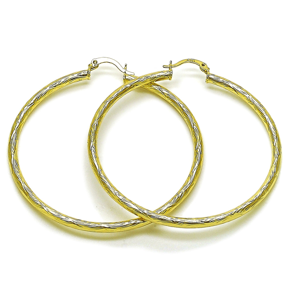 Oro Laminado Medium Hoop, Gold Filled Style Hollow Design, Diamond Cutting Finish, Golden Finish