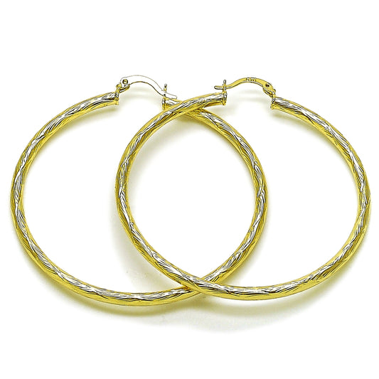 Oro Laminado Medium Hoop, Gold Filled Style Hollow Design, Diamond Cutting Finish, Golden Finish
