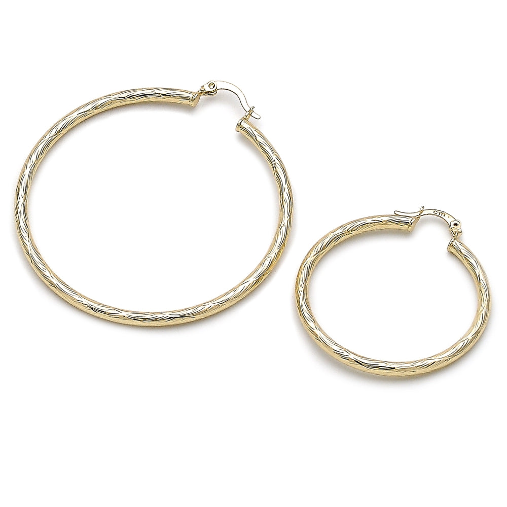 Oro Laminado Medium Hoop, Gold Filled Style Hollow Design, Diamond Cutting Finish, Golden Finish
