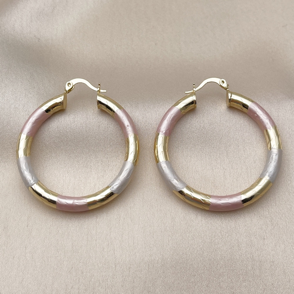 Oro Laminado Medium Hoop, Gold Filled Style Hollow Design, Diamond Cutting Finish, Tricolor