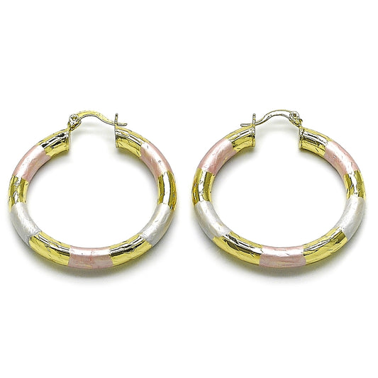 Oro Laminado Medium Hoop, Gold Filled Style Hollow Design, Diamond Cutting Finish, Tricolor
