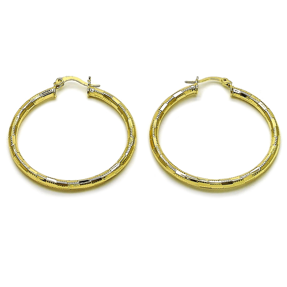 Oro Laminado Medium Hoop, Gold Filled Style Hollow Design, Diamond Cutting Finish, Golden Finish