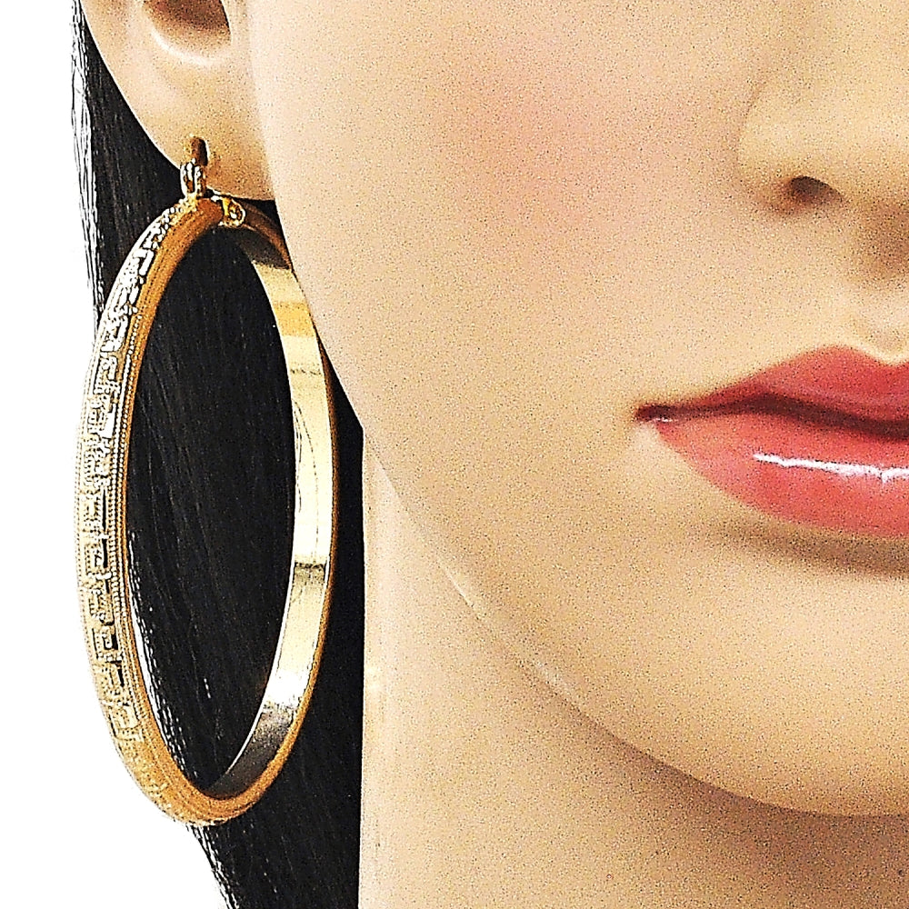 Oro Laminado Extra Large Hoop, Gold Filled Style Greek Key and Hollow Design, Polished, Golden Finish