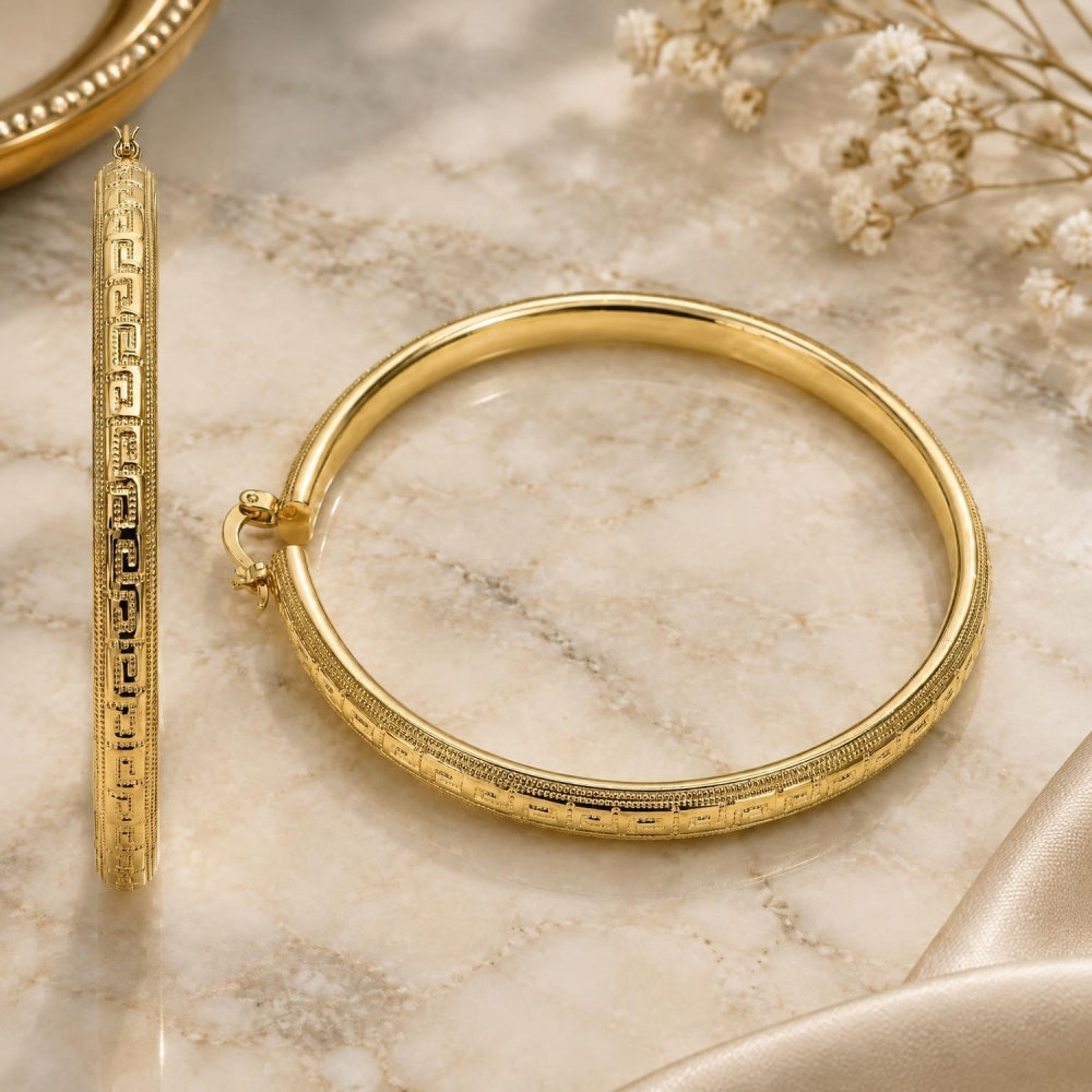 Oro Laminado Extra Large Hoop, Gold Filled Style Greek Key and Hollow Design, Polished, Golden Finish