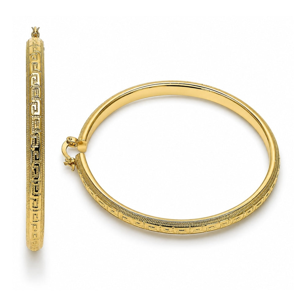 Oro Laminado Extra Large Hoop, Gold Filled Style Greek Key and Hollow Design, Polished, Golden Finish