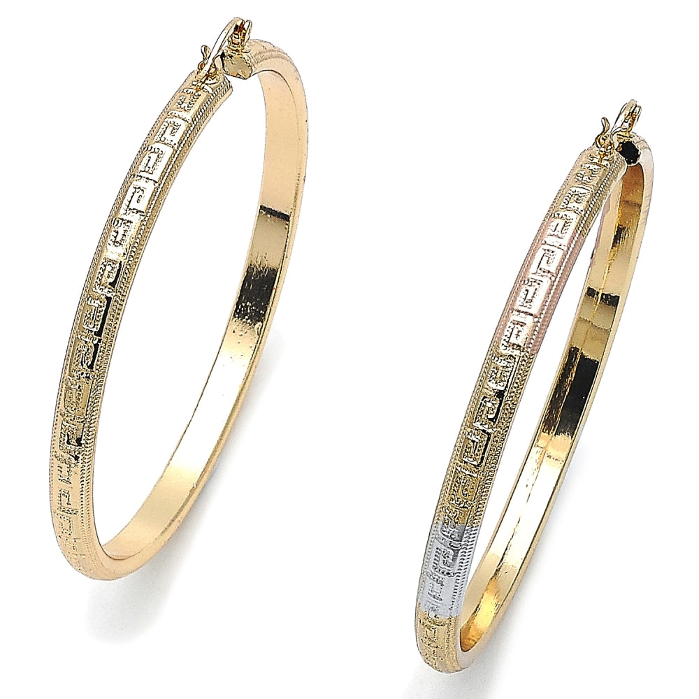 Oro Laminado Extra Large Hoop, Gold Filled Style Greek Key and Hollow Design, Polished, Golden Finish