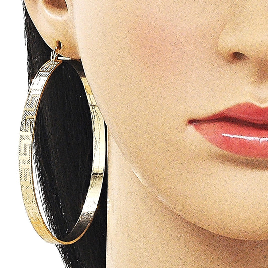 Oro Laminado Extra Large Hoop, Gold Filled Style Greek Key Design, Diamond Cutting Finish, Golden Finish