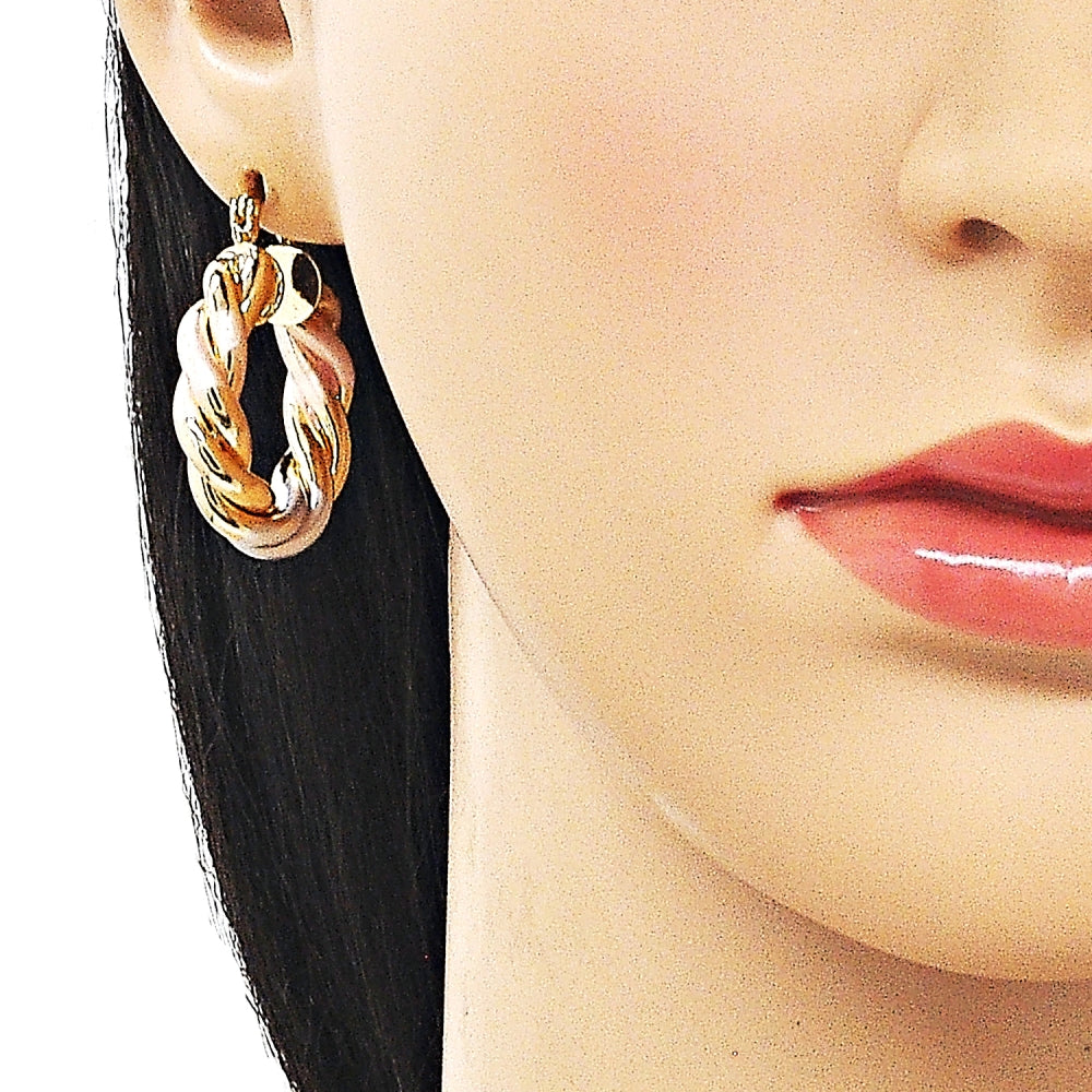Oro Laminado Medium Hoop, Gold Filled Style Twist and Hollow Design, Diamond Cutting Finish, Tricolor