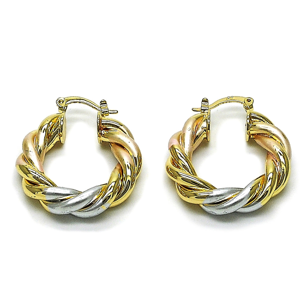 Oro Laminado Medium Hoop, Gold Filled Style Twist and Hollow Design, Diamond Cutting Finish, Tricolor
