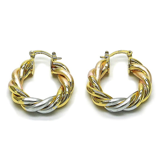 Oro Laminado Medium Hoop, Gold Filled Style Twist and Hollow Design, Diamond Cutting Finish, Tricolor