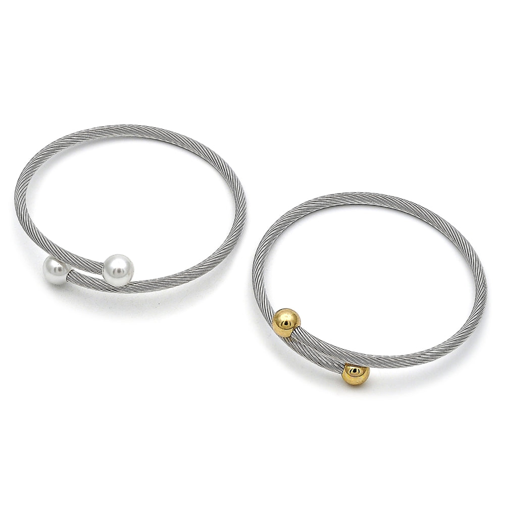 Stainless Steel Individual Bangle, Twist and Ball Design, Polished, Two Tone