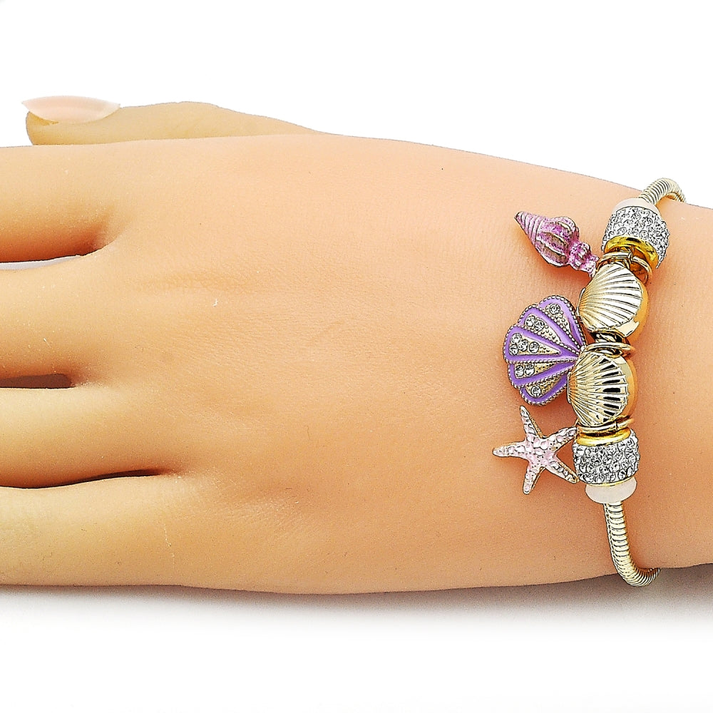 Oro Laminado Charm Bracelet, Gold Filled Style Shell and Star Design, with White Crystal, Pink Enamel Finish, Golden Finish