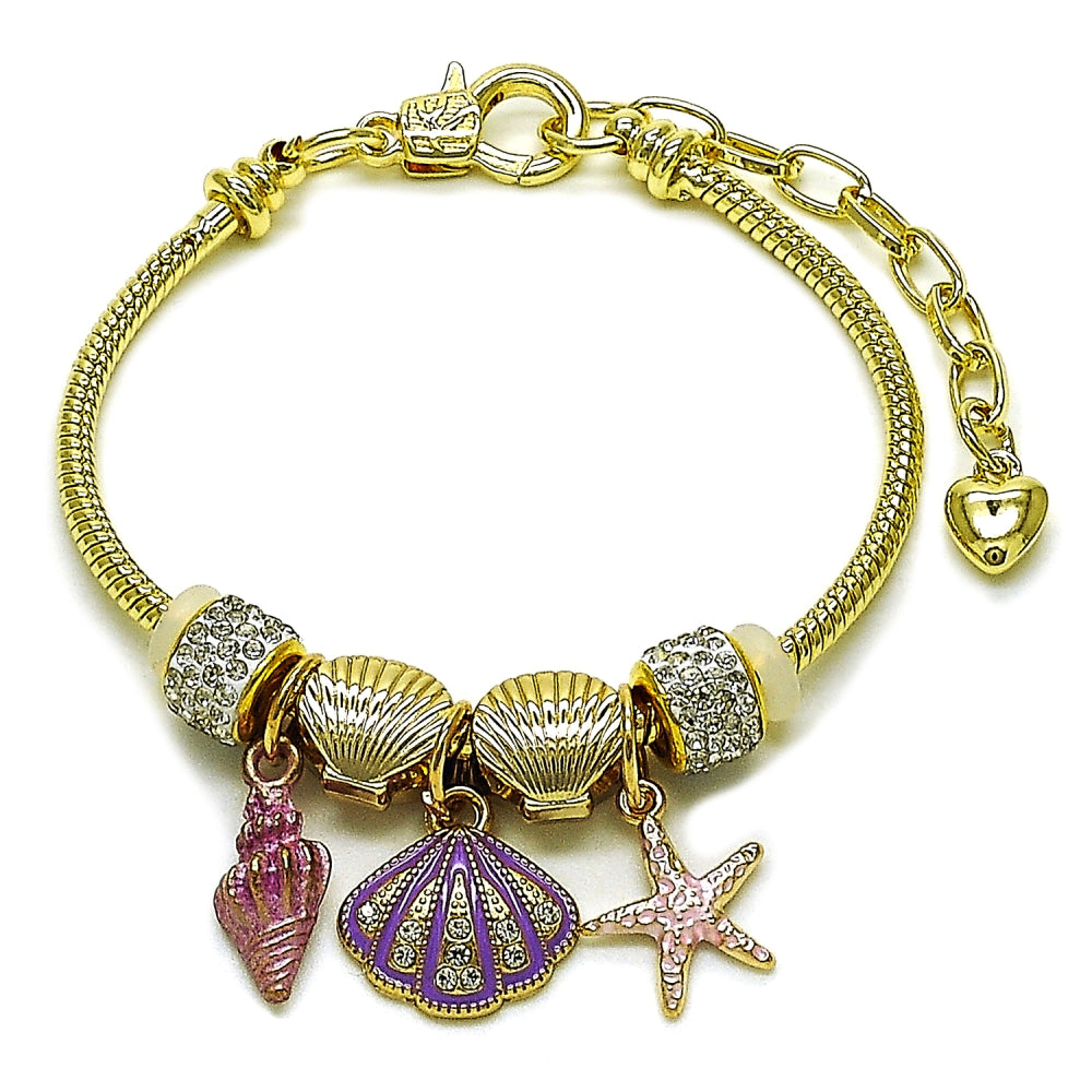 Oro Laminado Charm Bracelet, Gold Filled Style Shell and Star Design, with White Crystal, Pink Enamel Finish, Golden Finish
