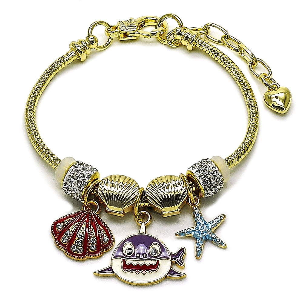 Oro Laminado Charm Bracelet, Gold Filled Style Shell and Star Design, with White Crystal, Red Enamel Finish, Golden Finish