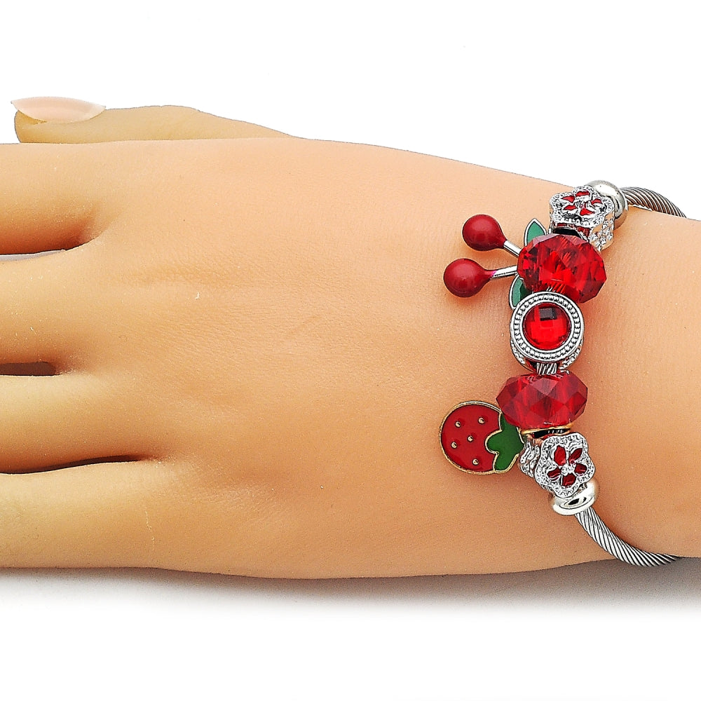 Stainless Steel Individual Bangle, Cherry and Strawberry Design, with Garnet Crystal, Red Enamel Finish, Steel Finish