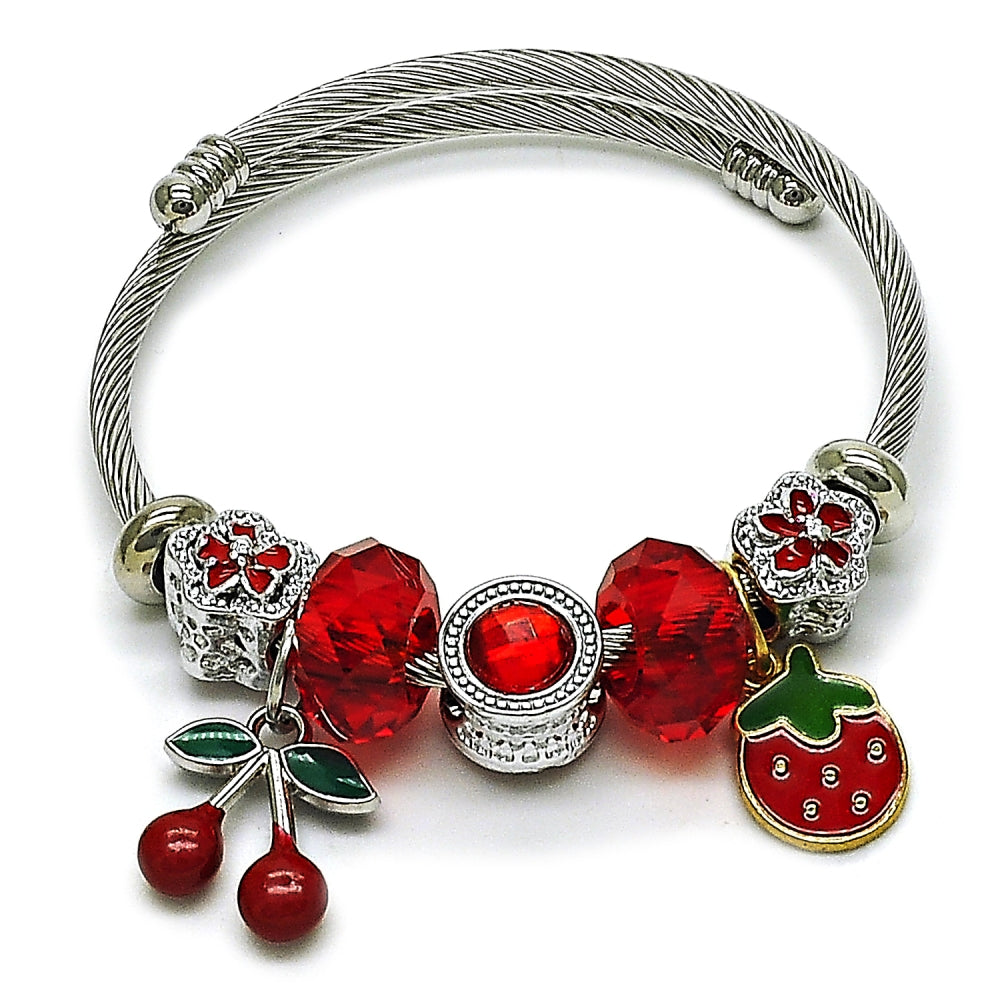 Stainless Steel Individual Bangle, Cherry and Strawberry Design, with Garnet Crystal, Red Enamel Finish, Steel Finish