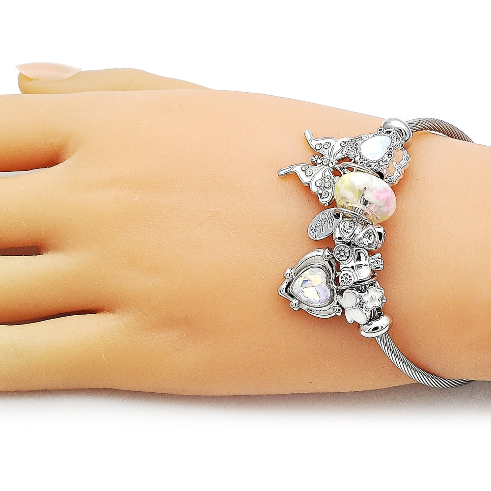 Stainless Steel Individual Bangle, Butterfly and Heart Design, with Aurore Boreale and White Crystal, White Enamel Finish, Steel Finish
