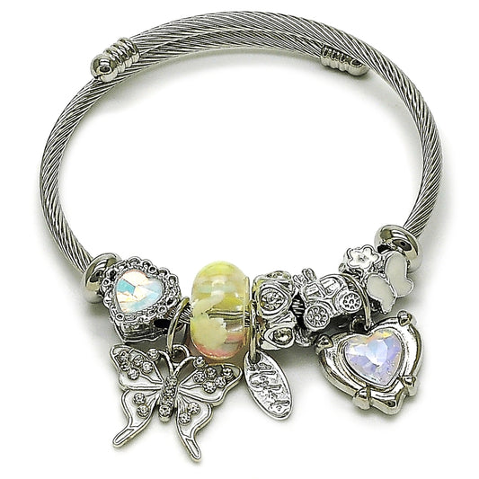 Stainless Steel Individual Bangle, Butterfly and Heart Design, with Aurore Boreale and White Crystal, White Enamel Finish, Steel Finish