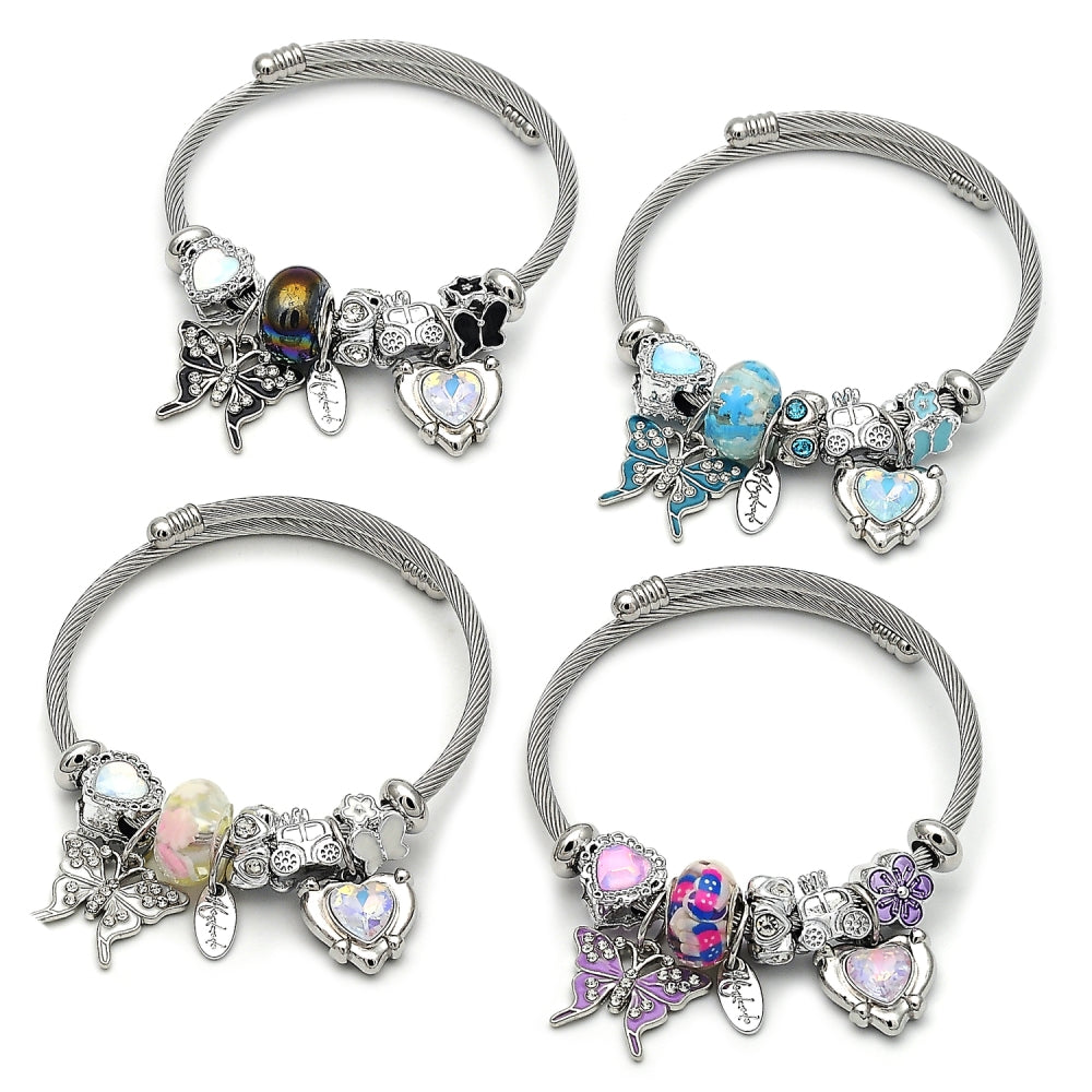 Stainless Steel Individual Bangle, Butterfly and Heart Design, with Aurore Boreale and White Crystal, White Enamel Finish, Steel Finish