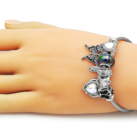 Stainless Steel Individual Bangle, Butterfly and Heart Design, with Aurore Boreale and White Crystal, Black Enamel Finish, Steel Finish