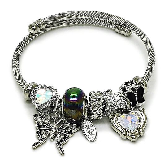 Stainless Steel Individual Bangle, Butterfly and Heart Design, with Aurore Boreale and White Crystal, Black Enamel Finish, Steel Finish