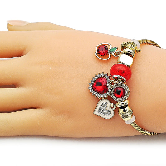 Stainless Steel Individual Bangle, Heart and Apple Design, with Garnet and White Crystal, Polished, Golden Finish