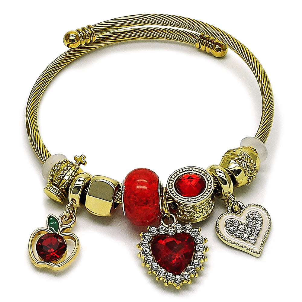 Stainless Steel Individual Bangle, Heart and Apple Design, with Garnet and White Crystal, Polished, Golden Finish