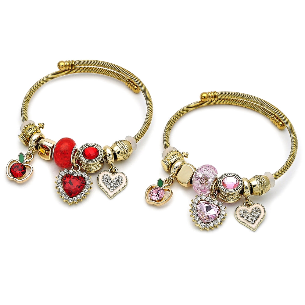 Stainless Steel Individual Bangle, Heart and Apple Design, with Garnet and White Crystal, Polished, Golden Finish
