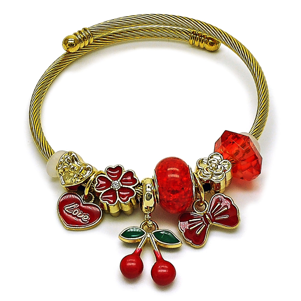 Stainless Steel Individual Bangle, Cherry and Heart Design, with Garnet and White Crystal, Red Enamel Finish, Golden Finish