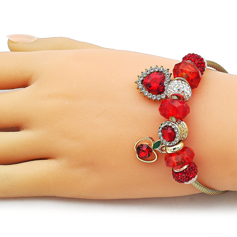 Stainless Steel Individual Bangle, Heart and Apple Design, with Garnet and Aurore Boreale Crystal, Polished, Golden Finish