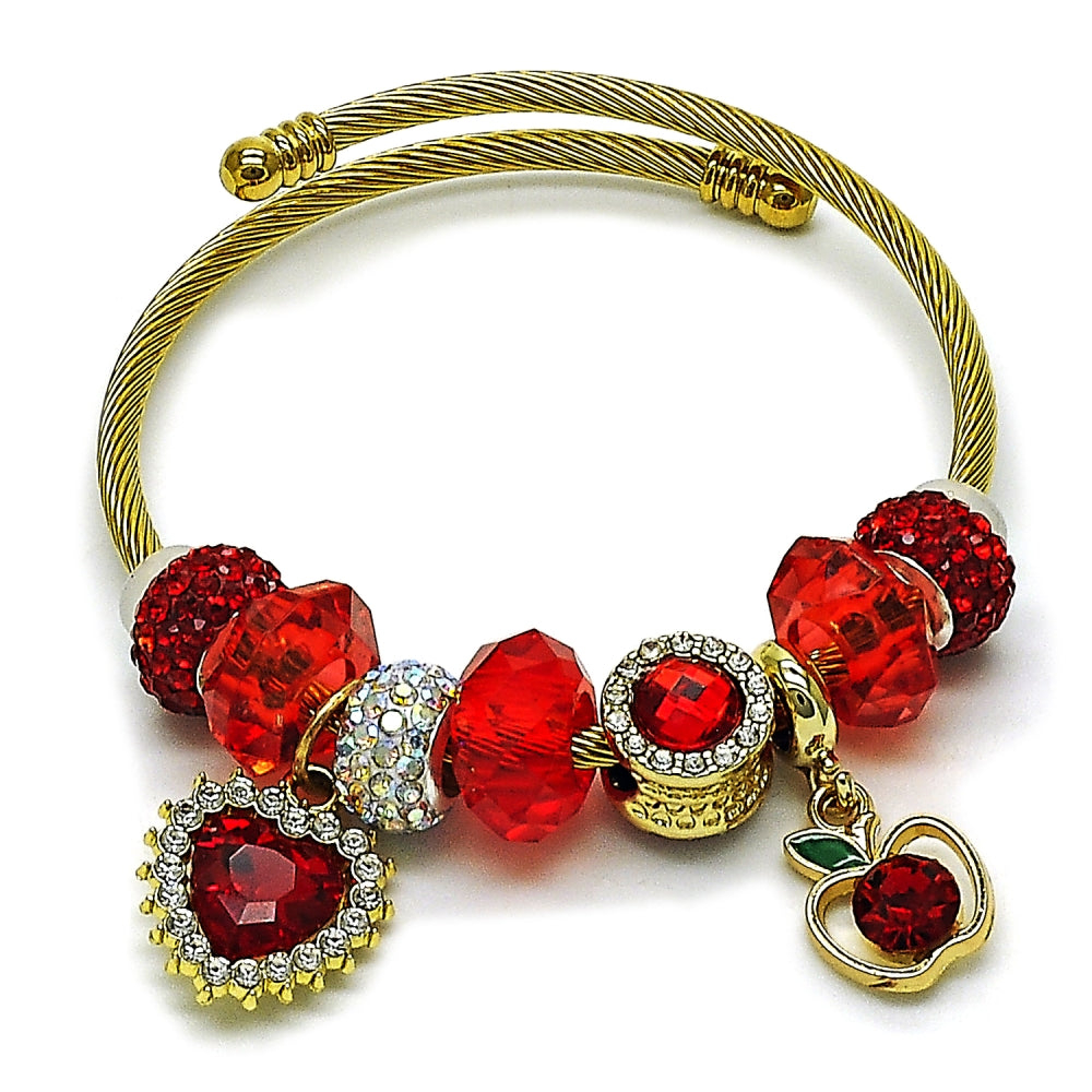 Stainless Steel Individual Bangle, Heart and Apple Design, with Garnet and Aurore Boreale Crystal, Polished, Golden Finish