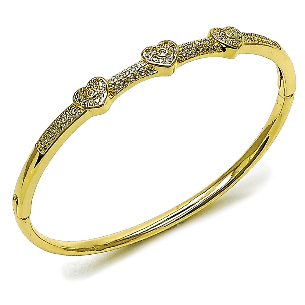 Oro Laminado Individual Bangle, Gold Filled Style Heart Design, with White Micro Pave and White Cubic Zirconia, Polished, Golden Finish