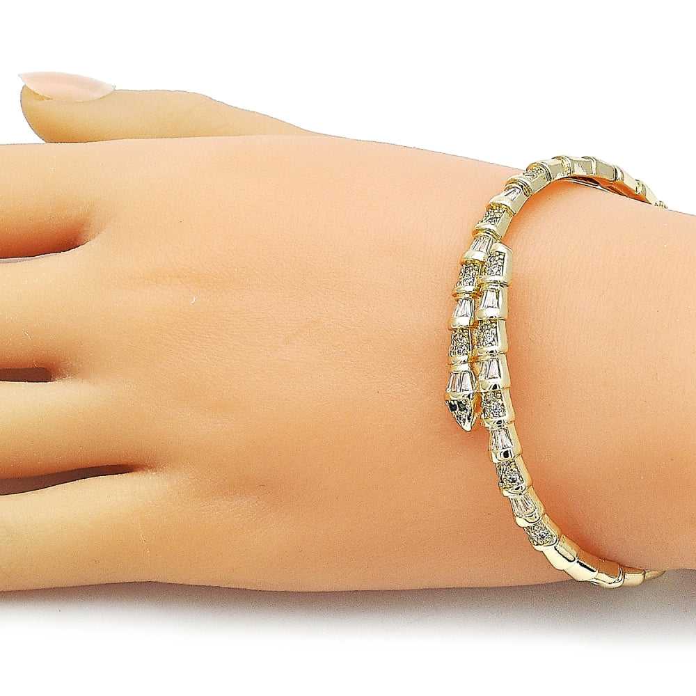 Oro Laminado Individual Bangle, Gold Filled Style Snake and Baguette Design, with White Cubic Zirconia and White Micro Pave, Polished, Golden Finish