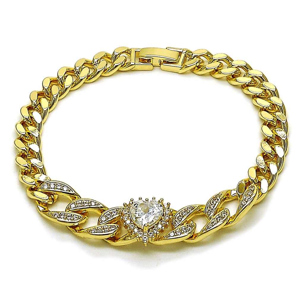 Oro Laminado Fancy Bracelet, Gold Filled Style Heart and Cluster Design, with White Cubic Zirconia and White Micro Pave, Polished, Golden Finish