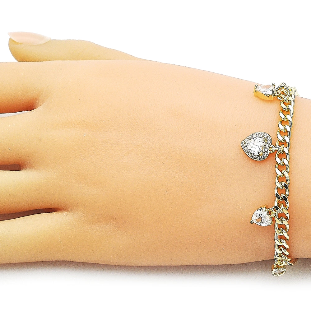 Oro Laminado Charm Bracelet, Gold Filled Style Heart and Miami Cuban Design, with White Cubic Zirconia and White Micro Pave, Polished, Golden Finish