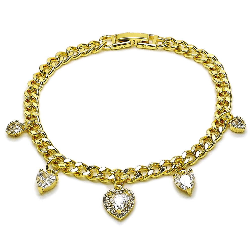 Oro Laminado Charm Bracelet, Gold Filled Style Heart and Miami Cuban Design, with White Cubic Zirconia and White Micro Pave, Polished, Golden Finish