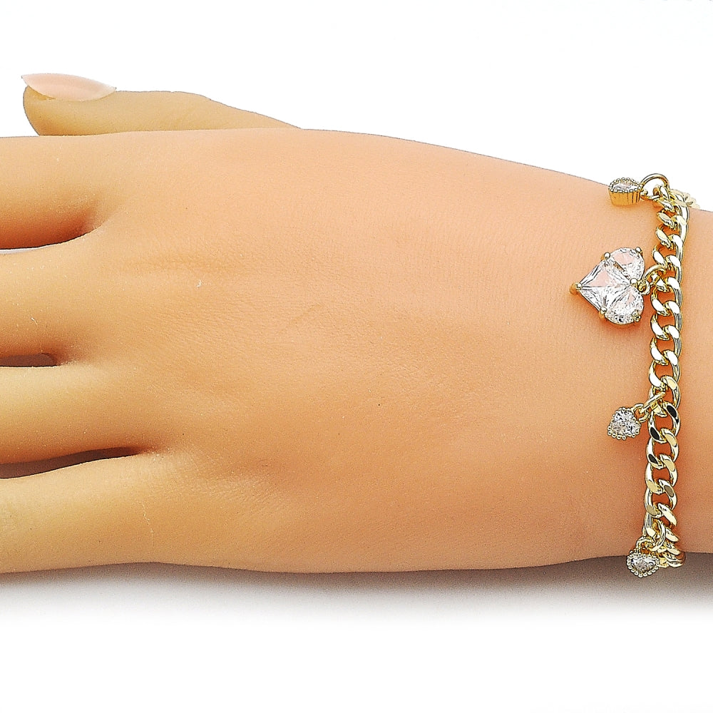 Oro Laminado Charm Bracelet, Gold Filled Style Heart and Miami Cuban Design, with White Cubic Zirconia, Polished, Golden Finish