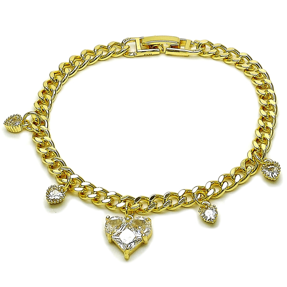 Oro Laminado Charm Bracelet, Gold Filled Style Heart and Miami Cuban Design, with White Cubic Zirconia, Polished, Golden Finish