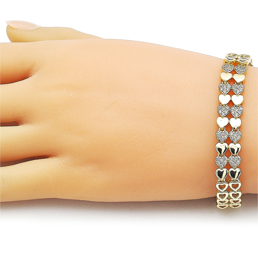 Oro Laminado Tennis Bracelet, Gold Filled Style Heart Design, with White Micro Pave, Polished, Golden Finish