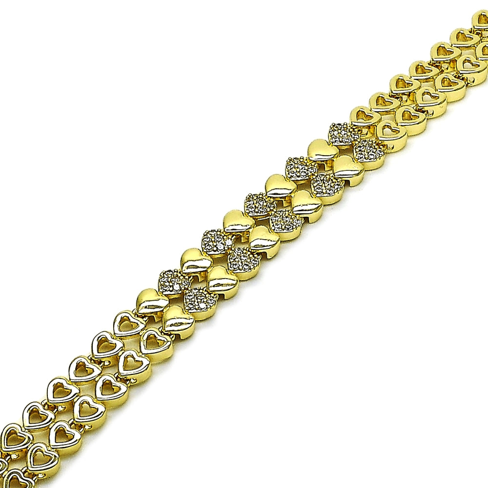 Oro Laminado Tennis Bracelet, Gold Filled Style Heart Design, with White Micro Pave, Polished, Golden Finish