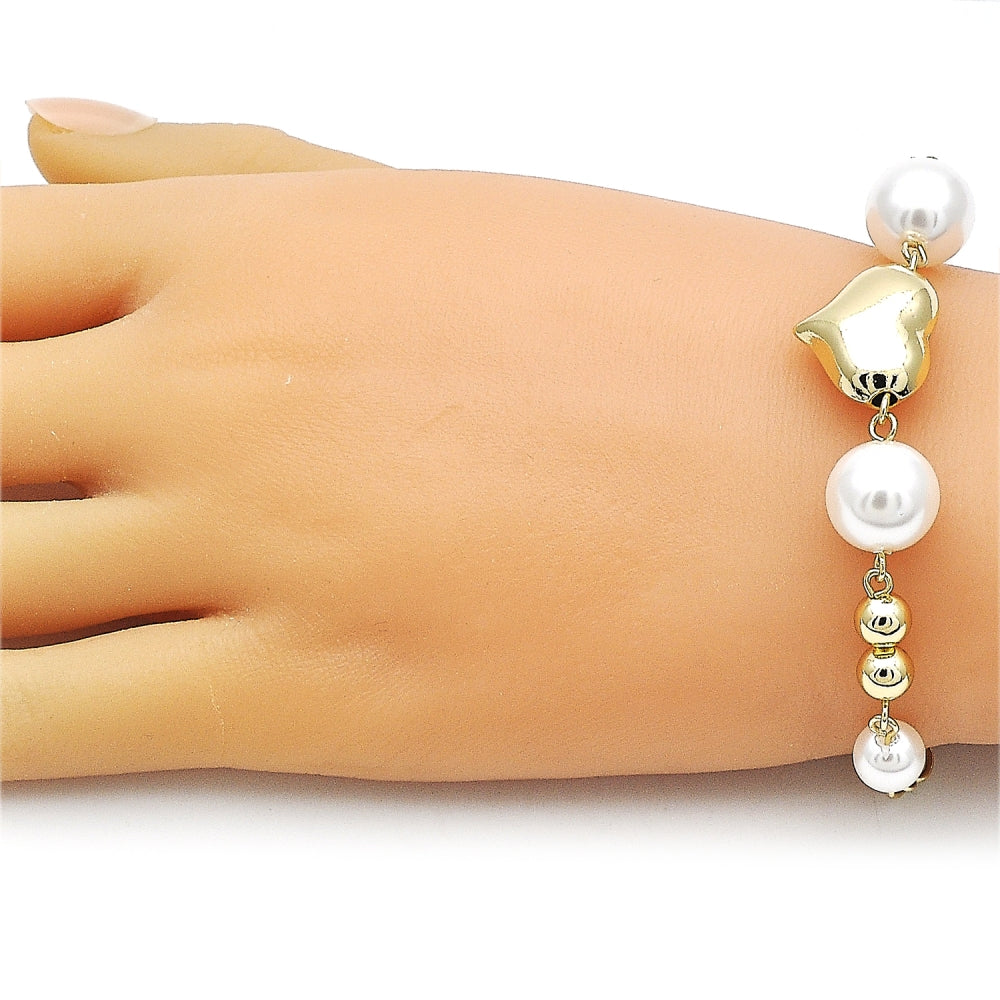 Oro Laminado Fancy Bracelet, Gold Filled Style Heart and Ball Design, with Ivory Pearl, Polished, Golden Finish